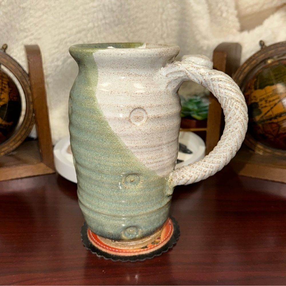 Handmade Pottery Artist Stamped Green Stone Gray Ivory Tall Mug